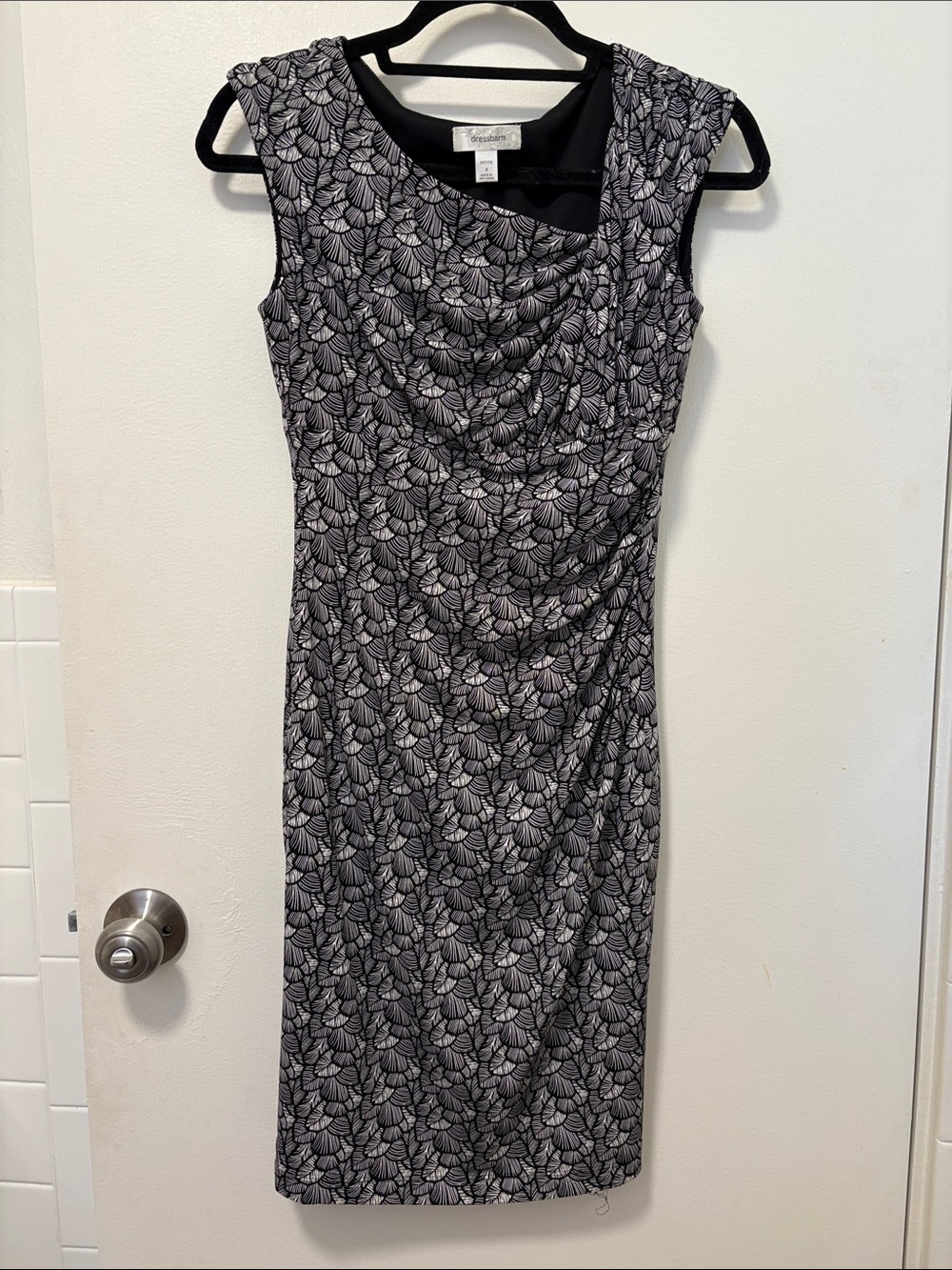 Dressbarn Black and White Floral Drape Midi Dress with Asymmetric Neckline